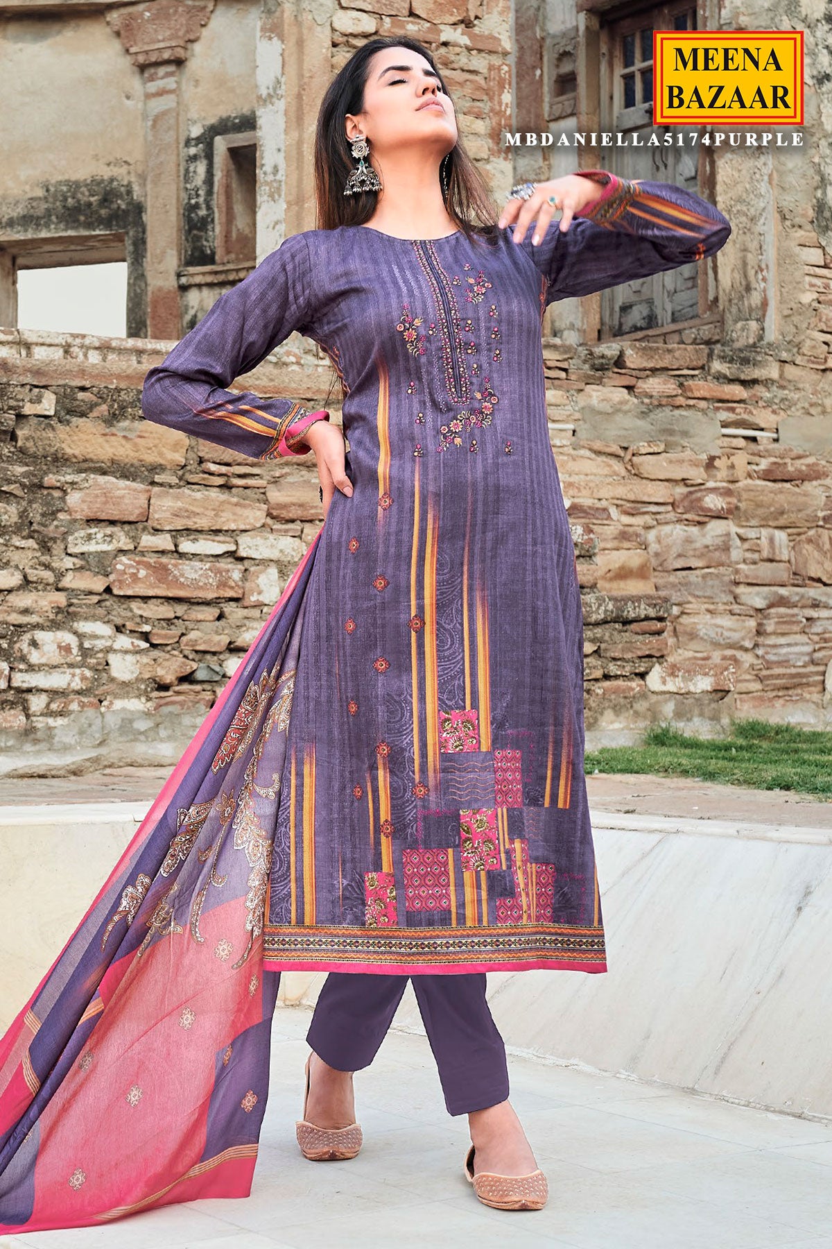 Purple Cotton Printed & Thread Embroidered Unstitched Suit Set