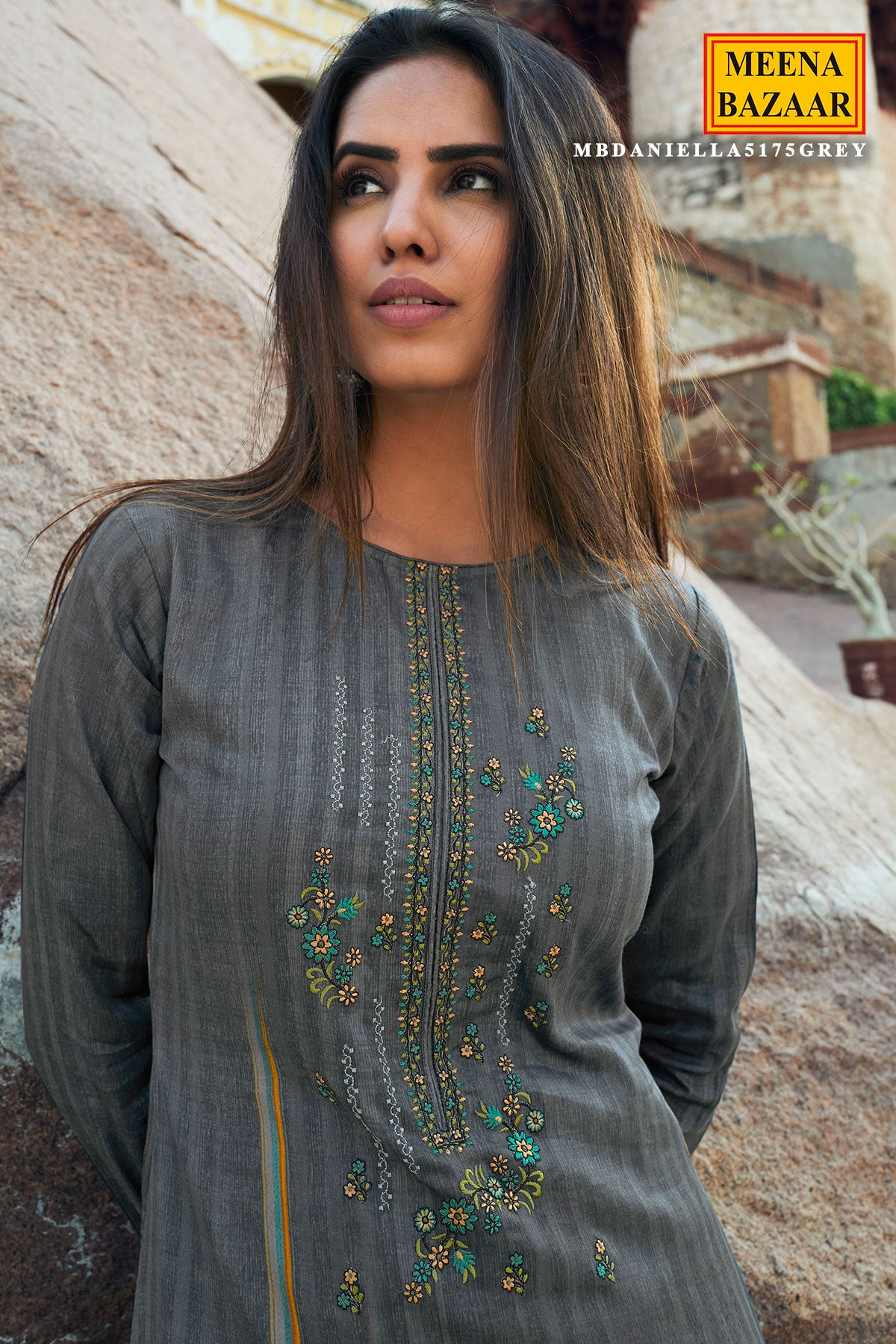 Grey Cotton Printed & Thread Embroidered Unstitched Suit Set