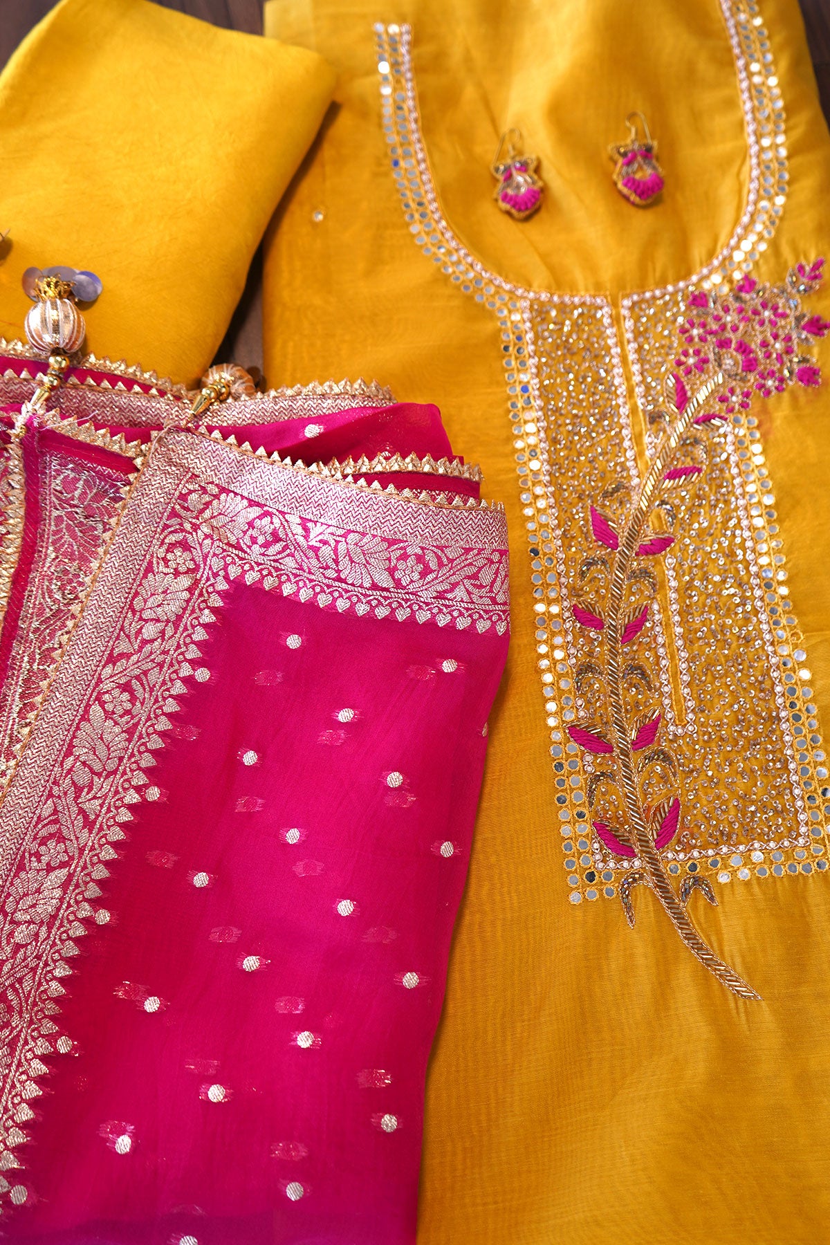Mustard Chanderi Silk Embroidered Suit Set