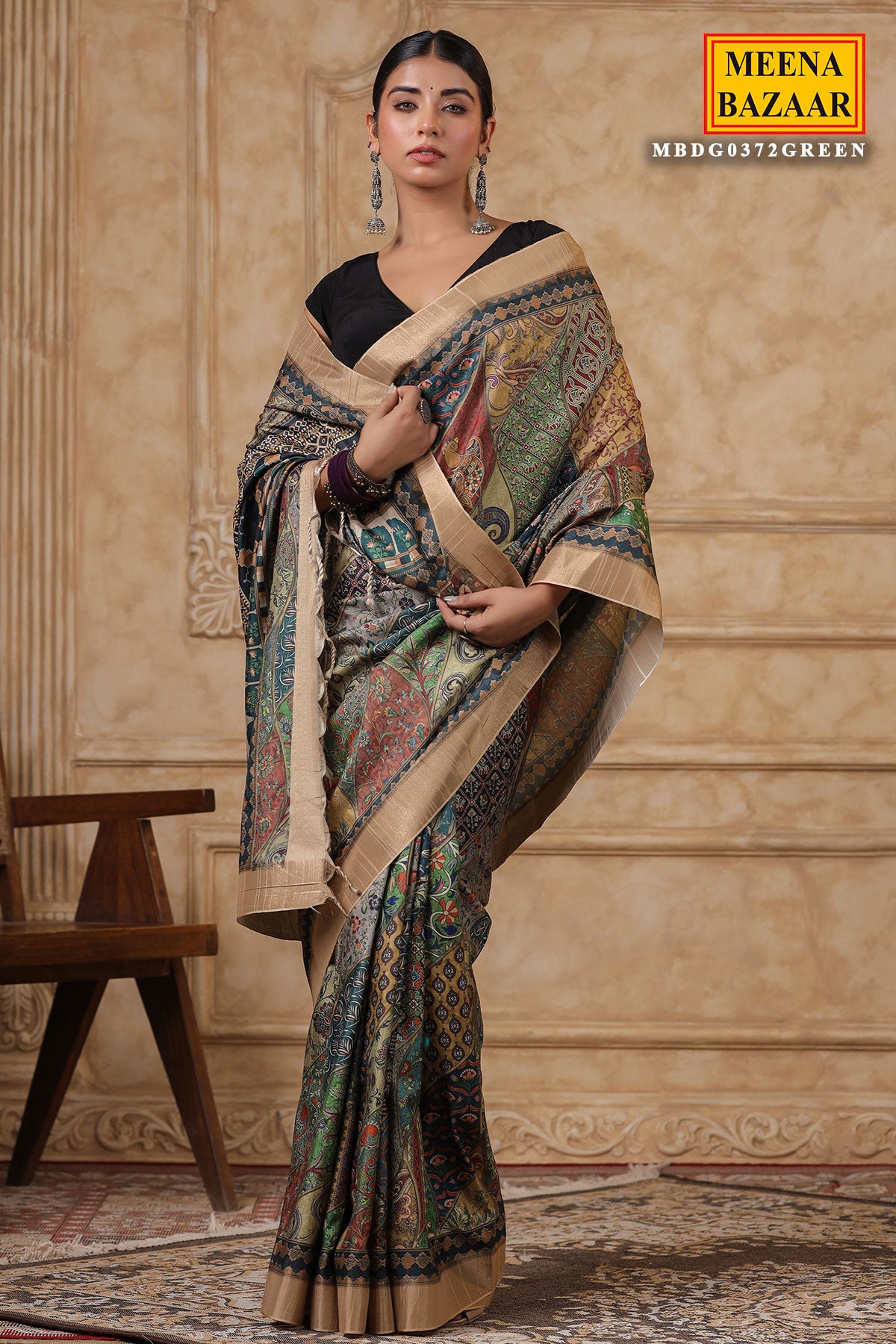 Green Cotton Printed Saree