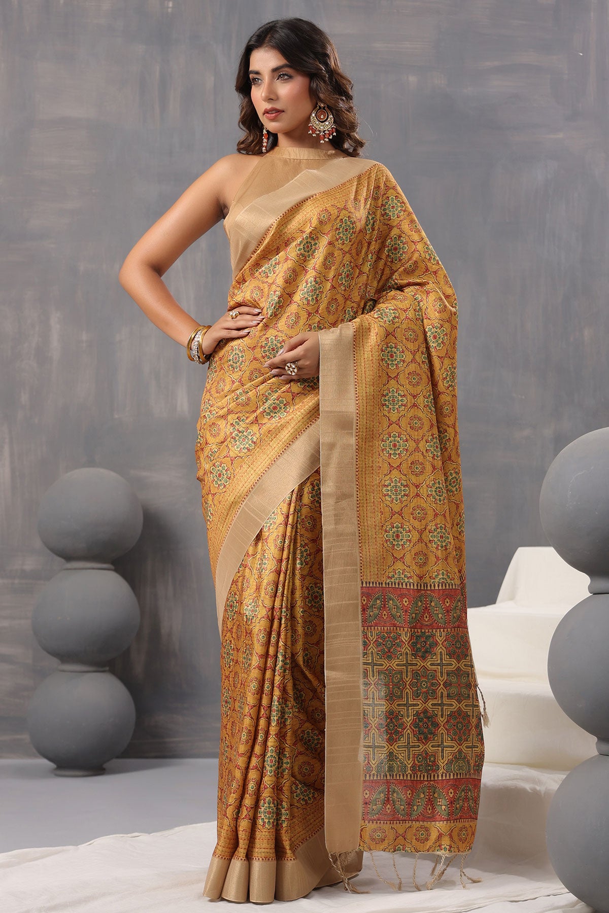 Mustard Cotton Printed Saree