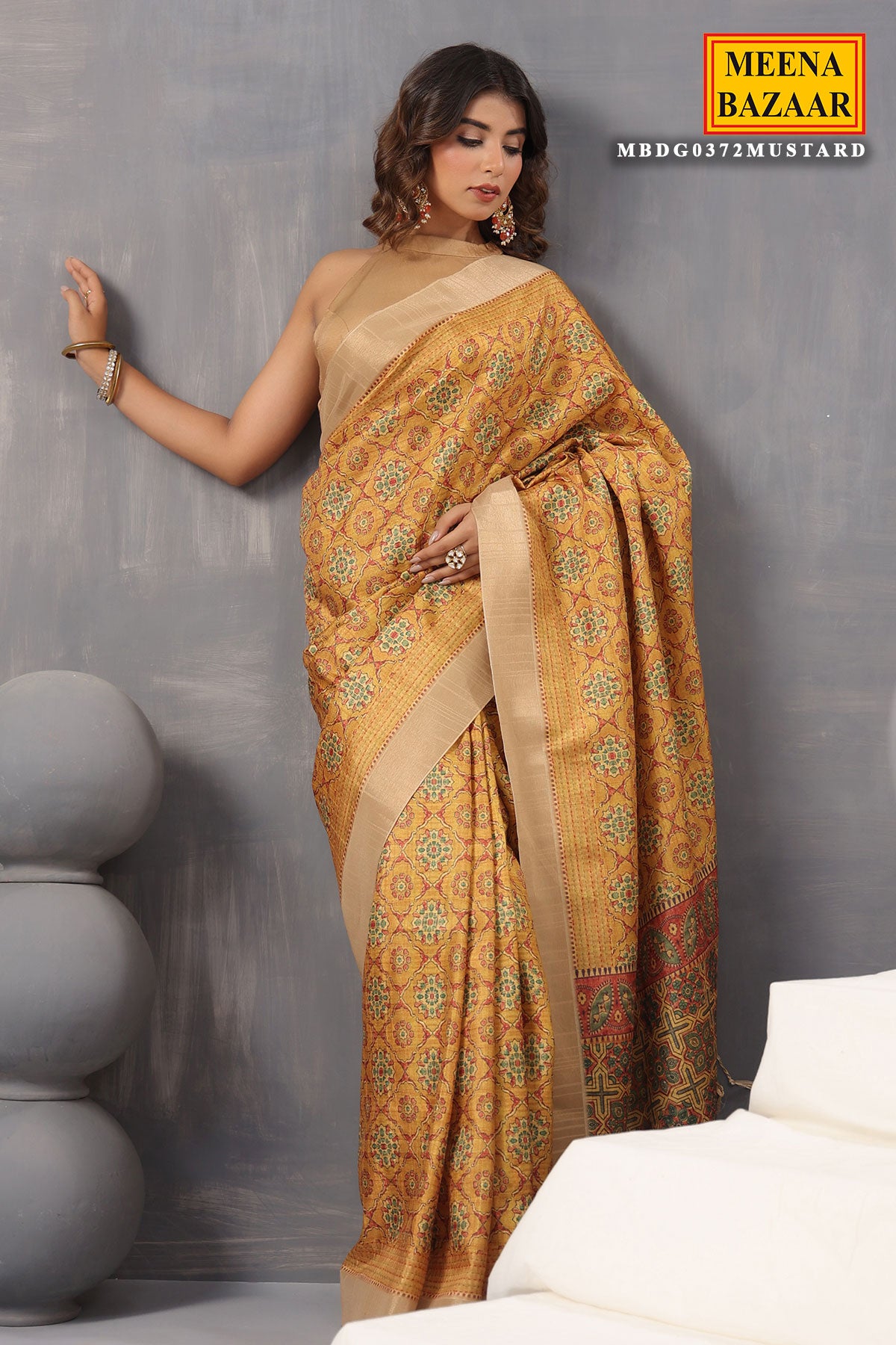 Mustard Cotton Printed Saree