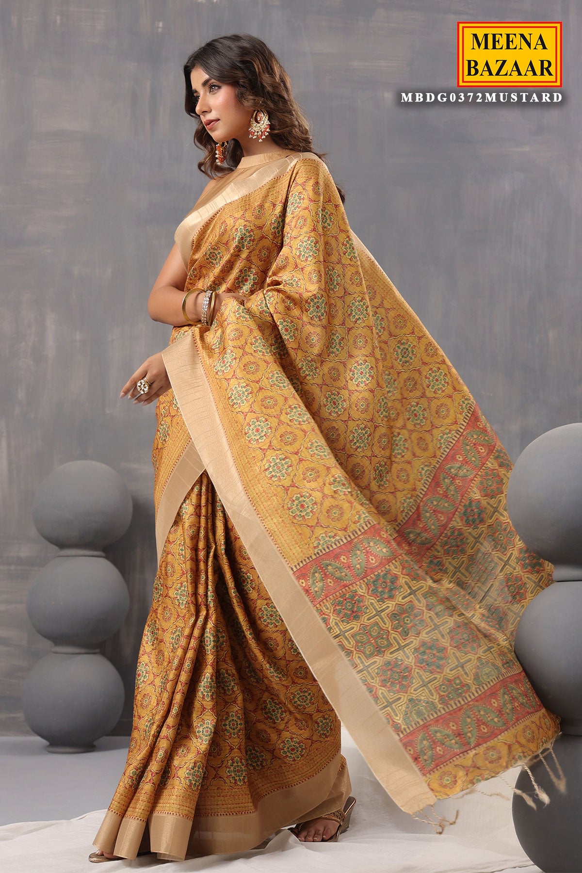 Mustard Cotton Printed Saree