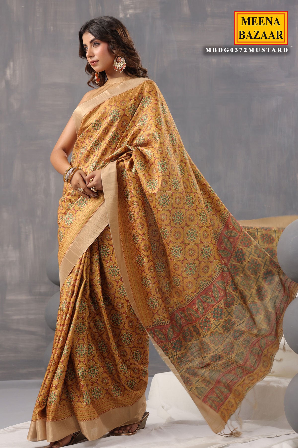 Mustard Cotton Printed Saree