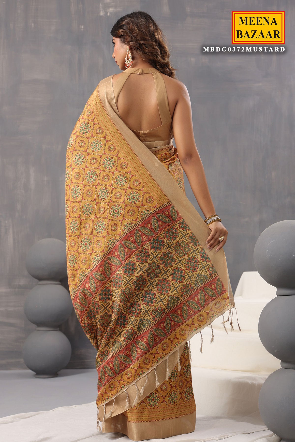 Mustard Cotton Printed Saree