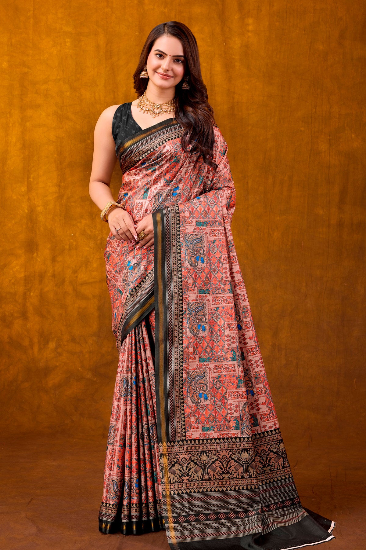 Black Printed Satin Saree