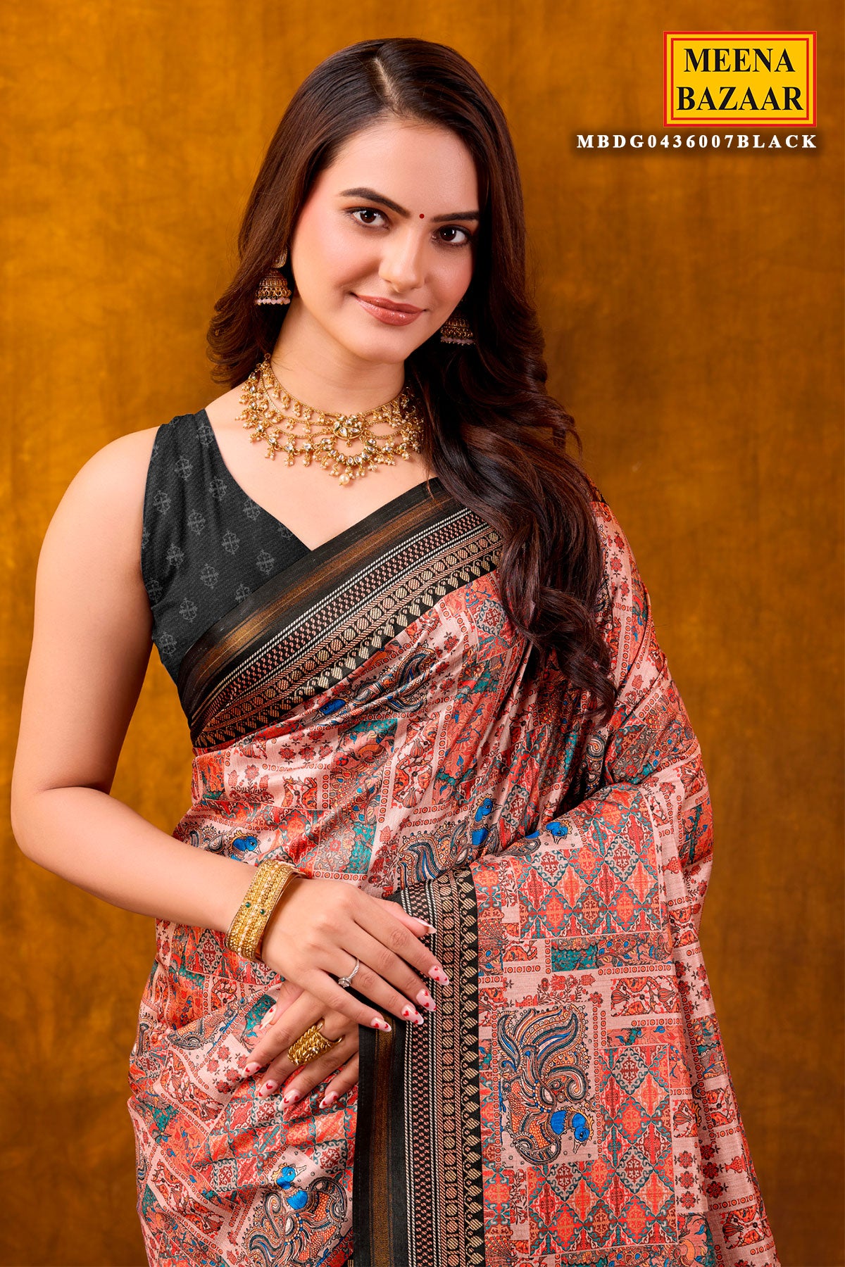 Black Printed Satin Saree