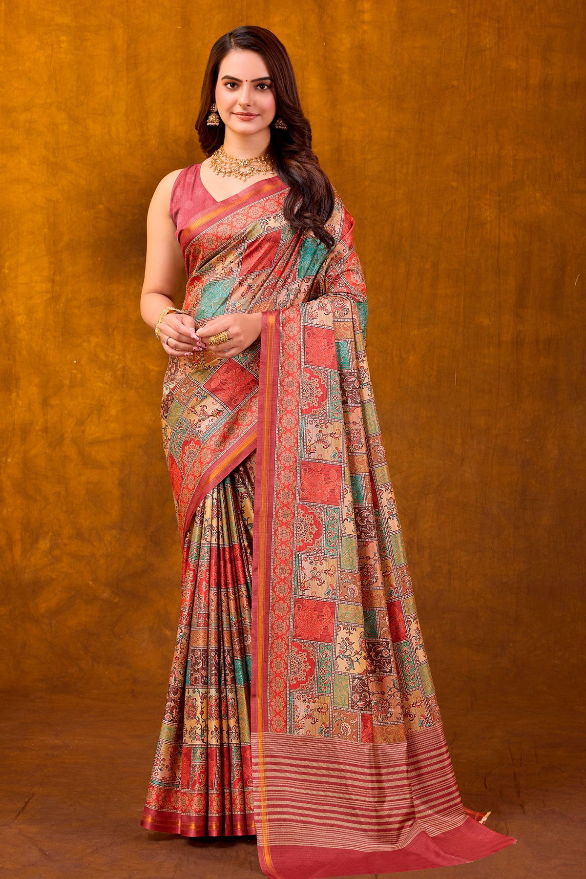 Brick Red Printed Satin Saree