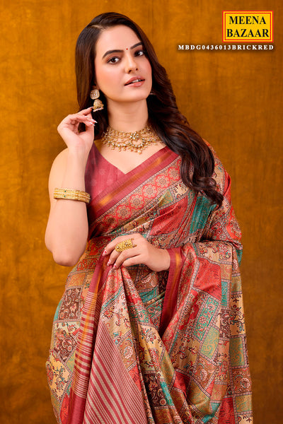 Brick Red Printed Satin Saree