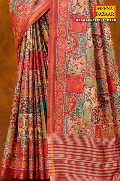 Brick Red Printed Satin Saree