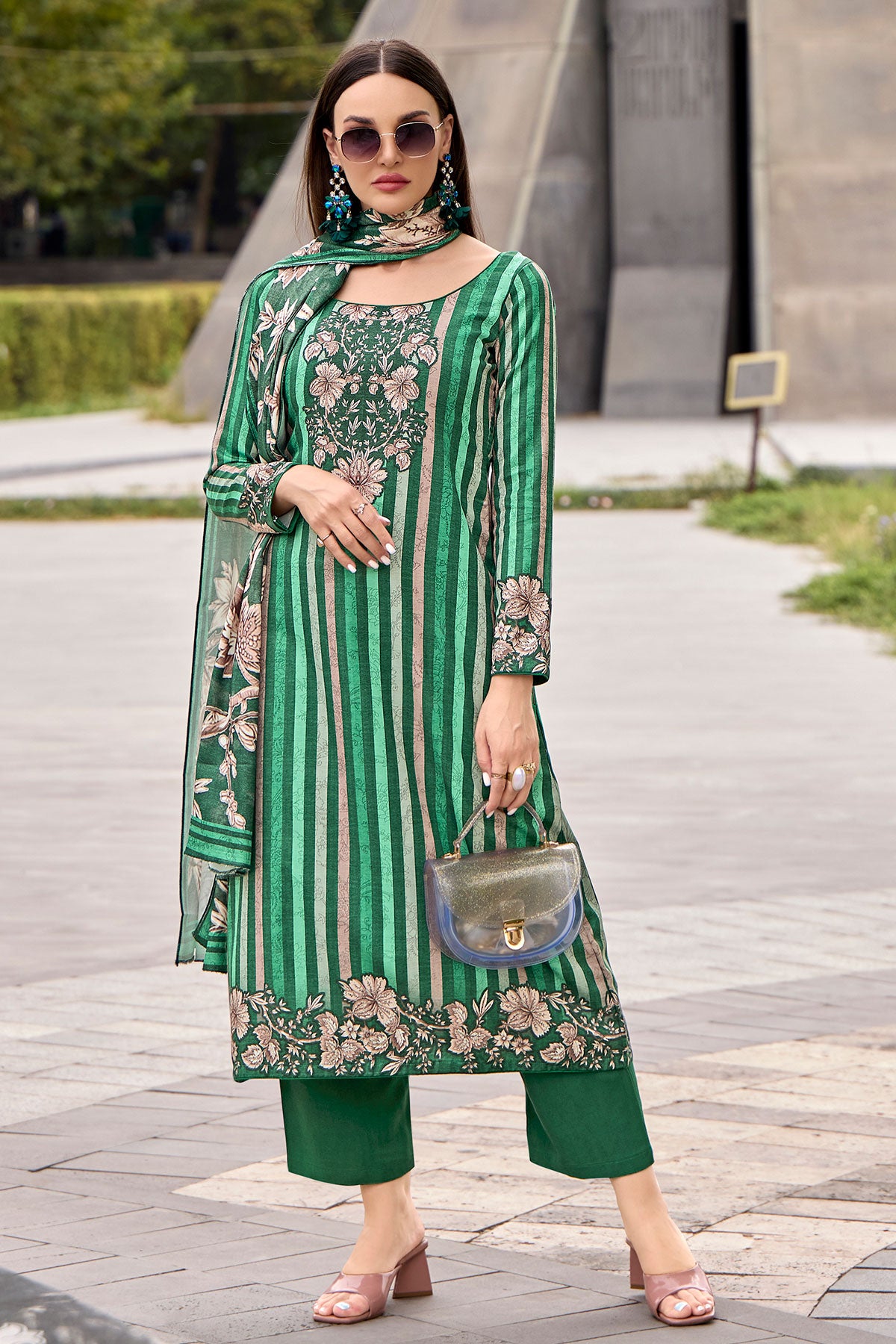 Green Pashmina Floral With Striped Printed Unstitched Suit Set