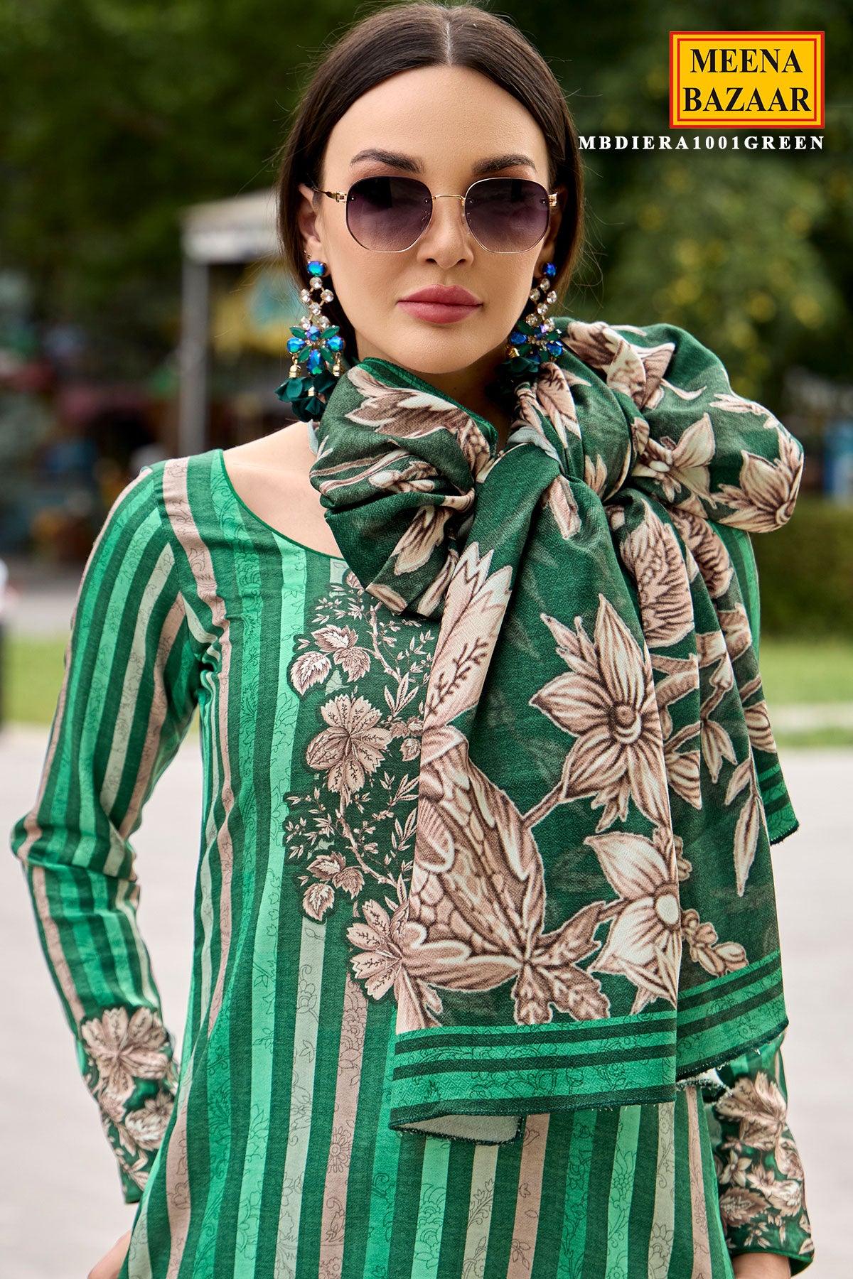 Green Pashmina Floral With Striped Printed Unstitched Suit Set