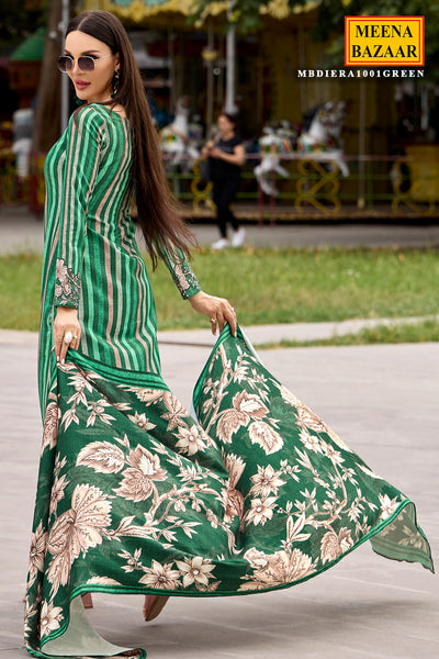 Green Pashmina Floral With Striped Printed Unstitched Suit Set