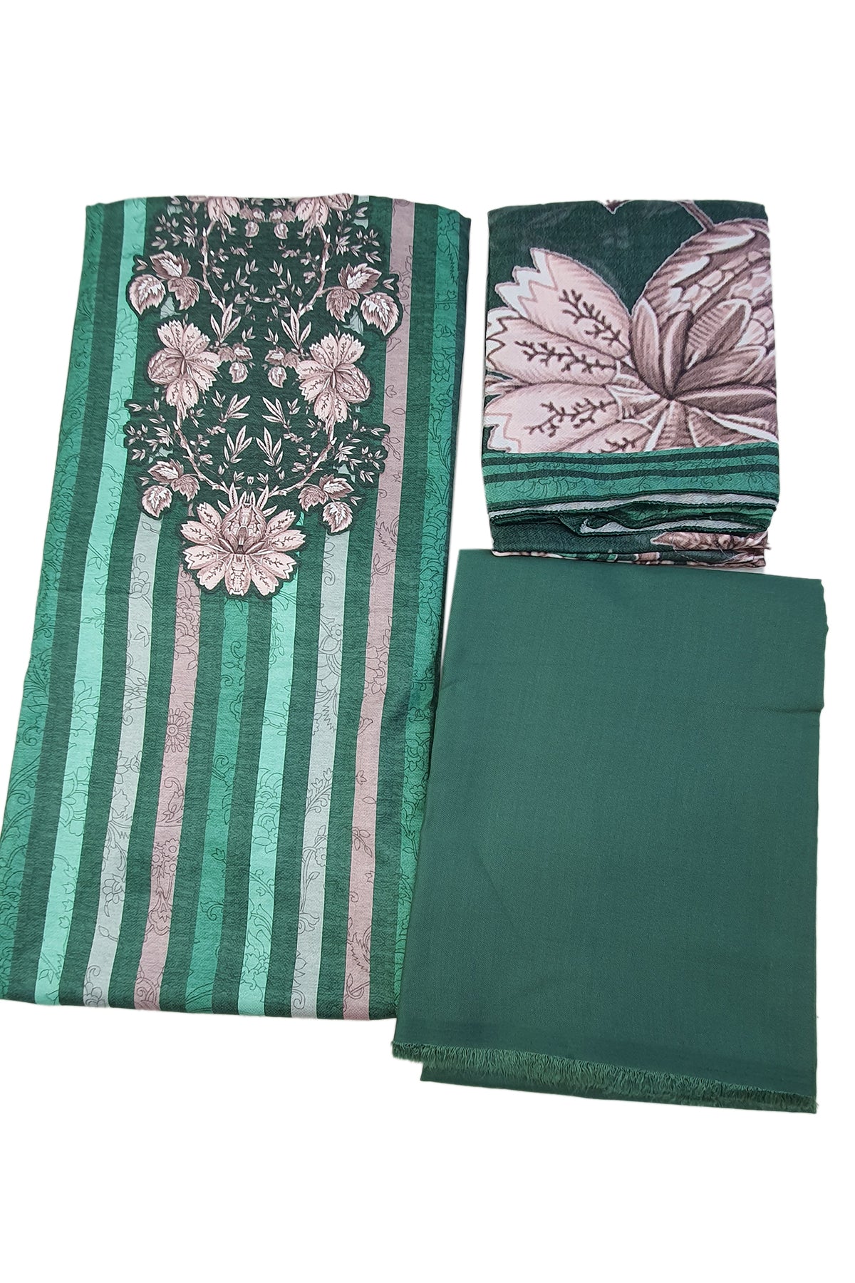 Green Pashmina Floral With Striped Printed Unstitched Suit Set