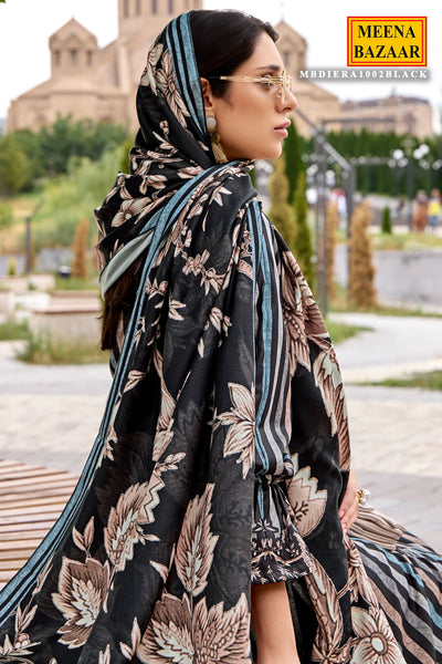 Black Pashmina Floral With Striped Printed Unstitched Suit Set