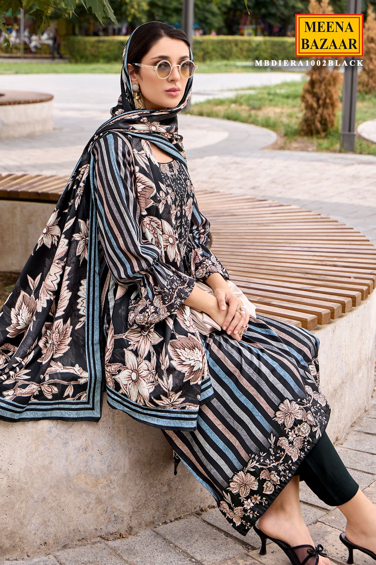 Black Pashmina Floral With Striped Printed Unstitched Suit Set