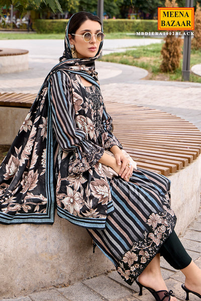 Black Pashmina Floral With Striped Printed Unstitched Suit Set