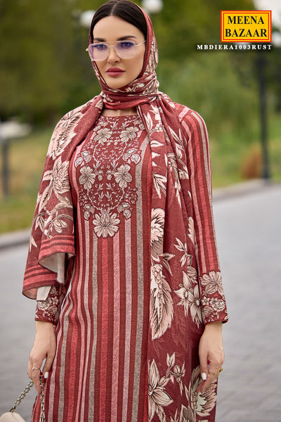 Rust Pashmina Floral With Striped Printed Unstitched Suit Set