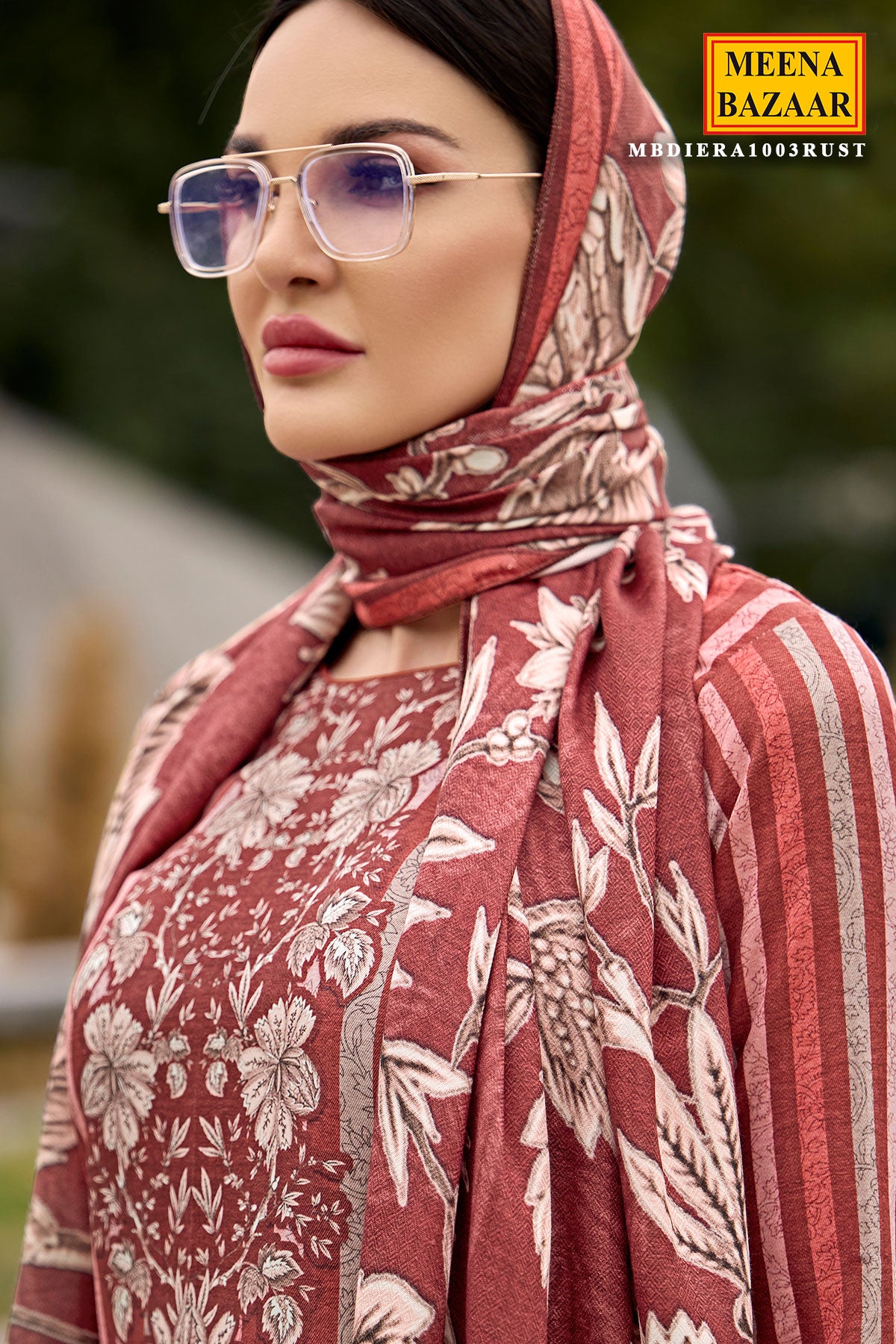 Rust Pashmina Floral With Striped Printed Unstitched Suit Set