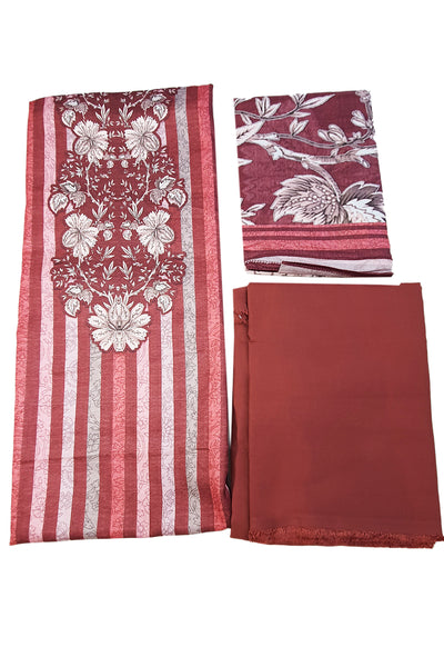 Rust Pashmina Floral With Striped Printed Unstitched Suit Set