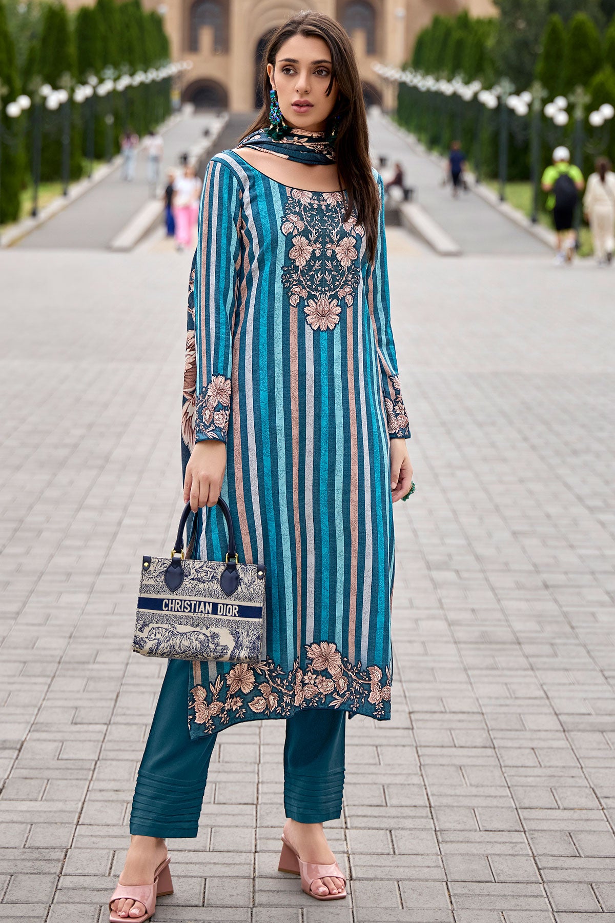 Blue Pashmina Floral With Striped Printed Unstitched Suit Set