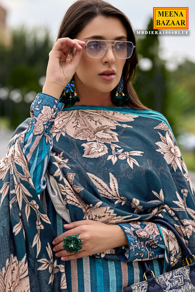 Blue Pashmina Floral With Striped Printed Unstitched Suit Set