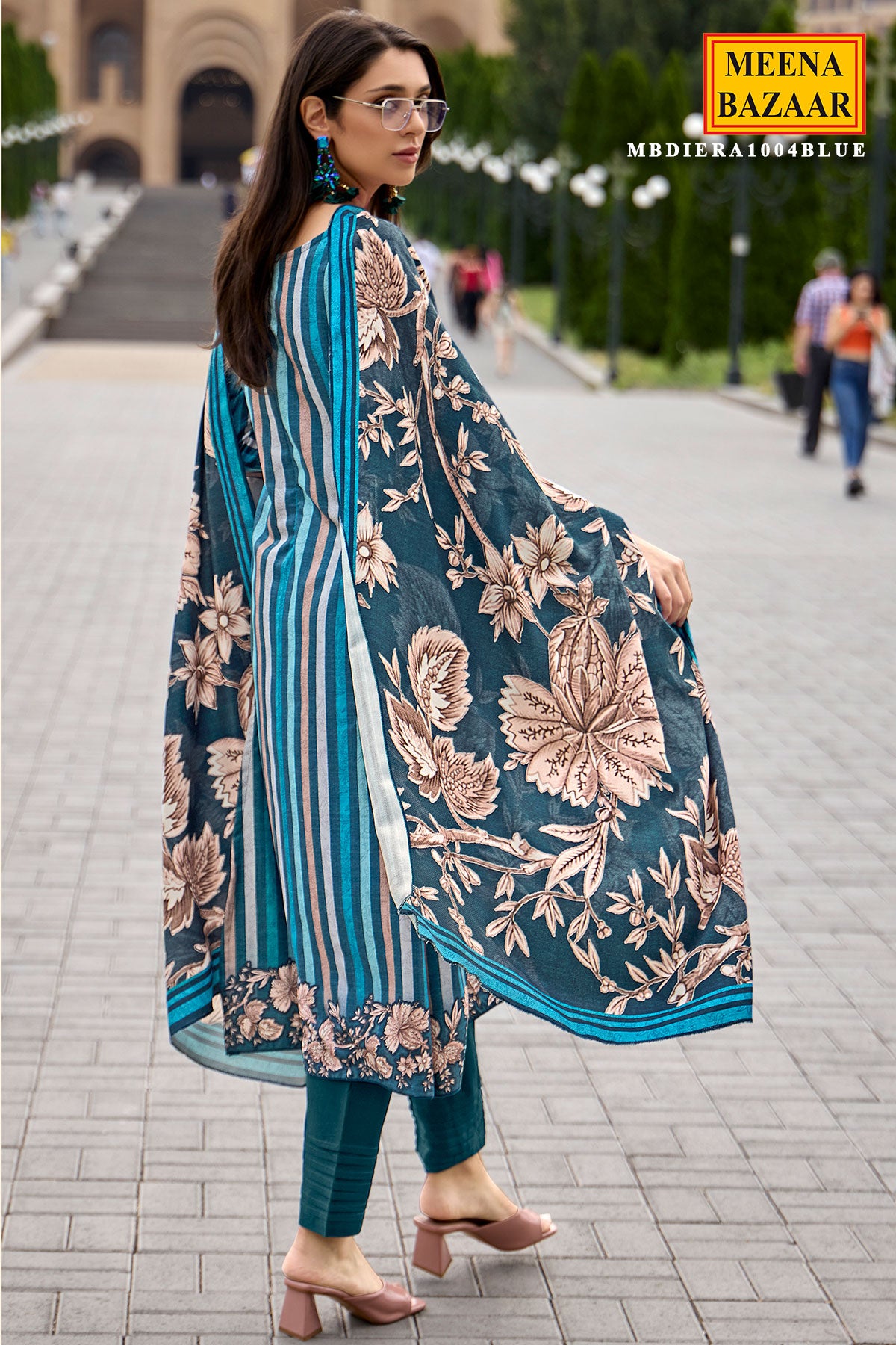 Blue Pashmina Floral With Striped Printed Unstitched Suit Set