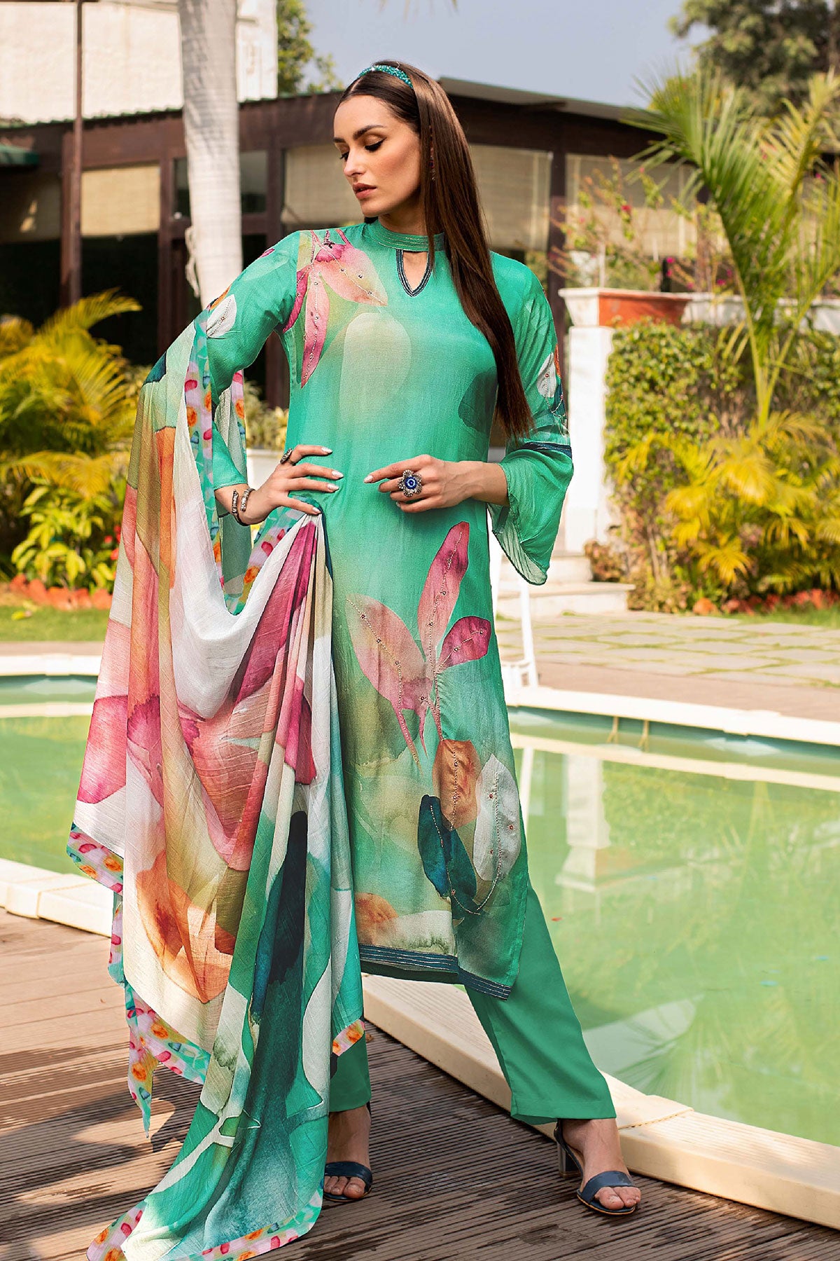 Sea Green Modal Silk Floral Printed Zari and Sequins Embroidered Suit Set