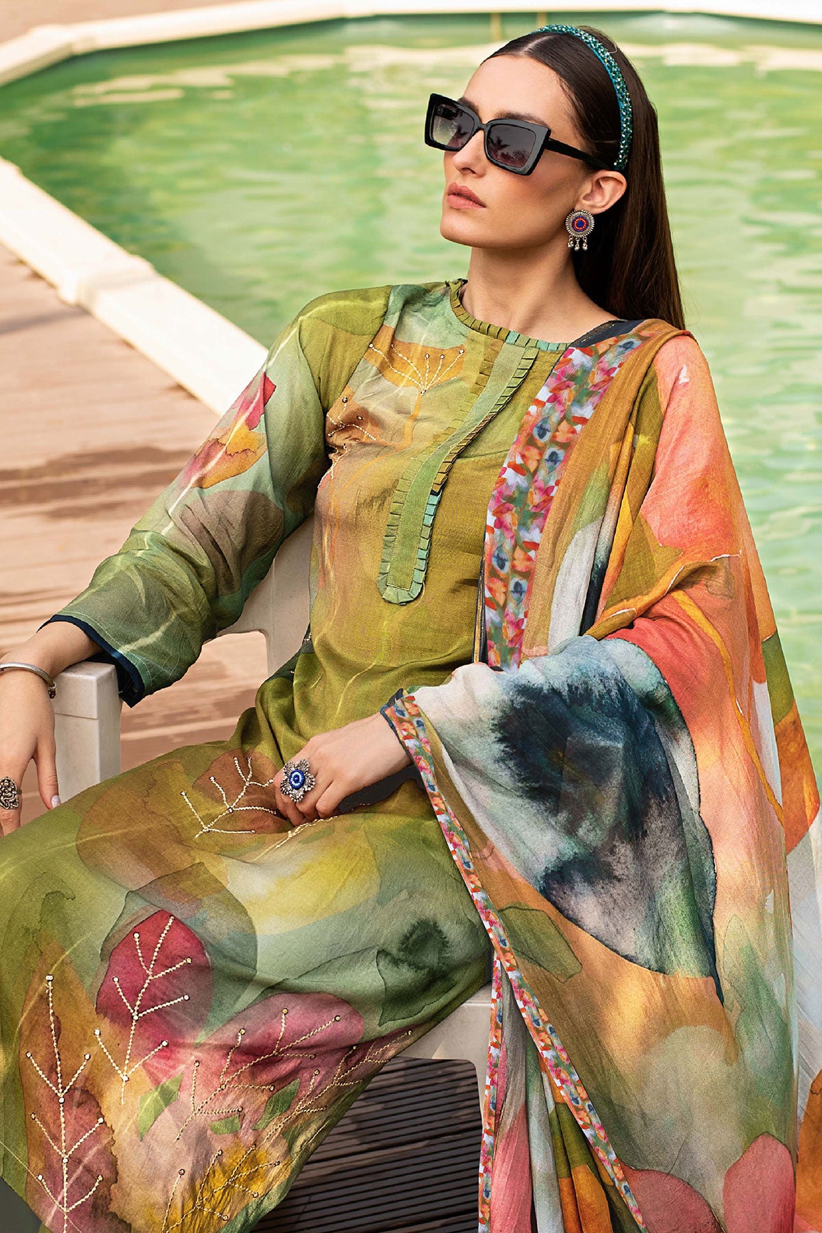 Mehandi Modal Silk Floral Printed Zari and Sequins Embroidered Suit Set