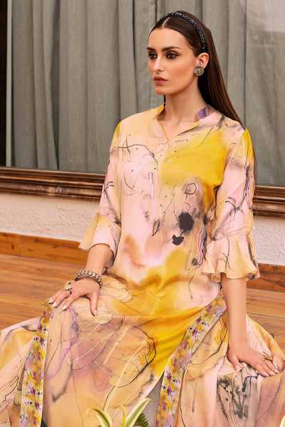 Mustard Modal Silk Floral Printed Zari and Sequins Embroidered Suit Set