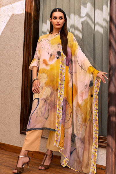 Mustard Modal Silk Floral Printed Zari and Sequins Embroidered Suit Set