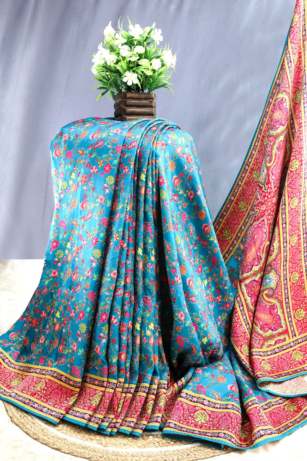 Firozi Silk Floral Printed Zari Woven Saree