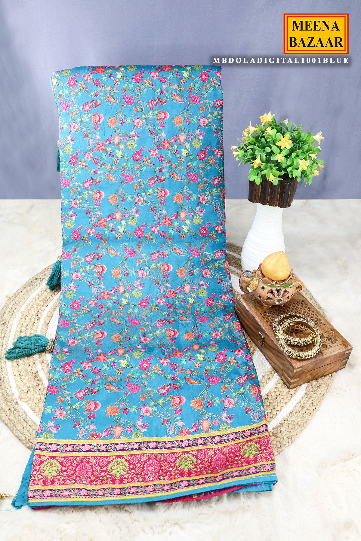 Firozi Silk Floral Printed Zari Woven Saree