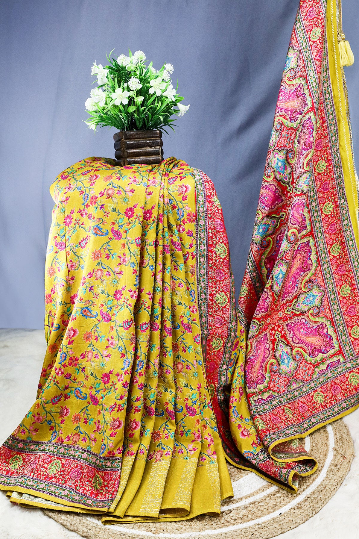 Mustard Silk Floral Printed Zari Woven Saree