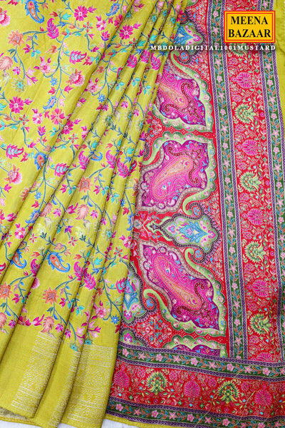 Mustard Silk Floral Printed Zari Woven Saree