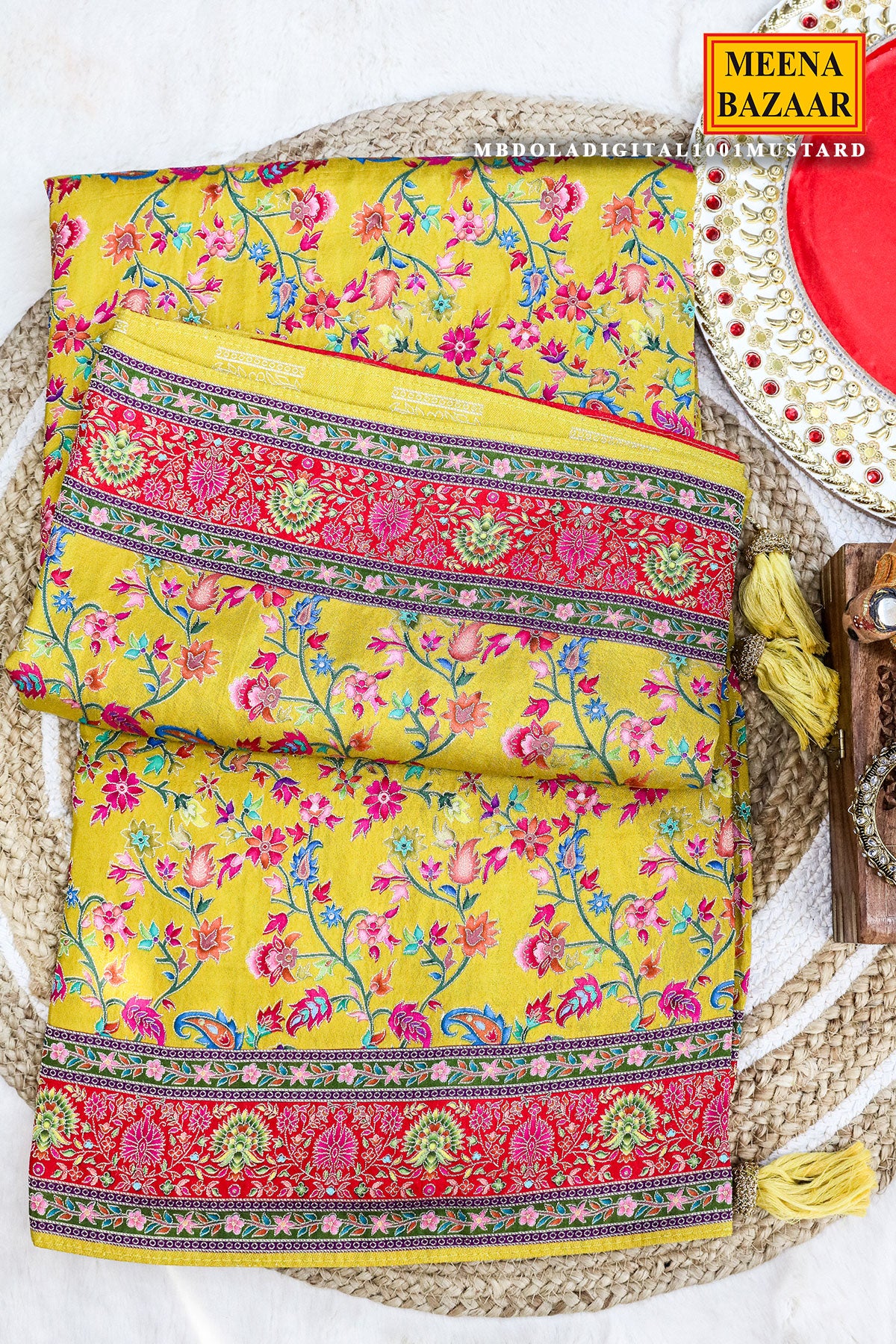 Mustard Silk Floral Printed Zari Woven Saree