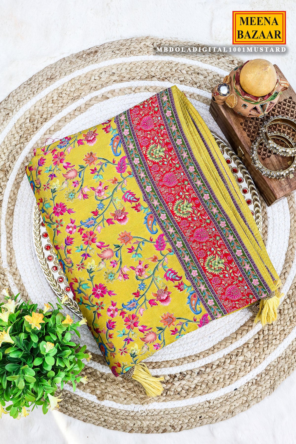 Mustard Silk Floral Printed Zari Woven Saree