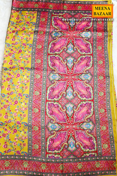 Mustard Silk Floral Printed Zari Woven Saree