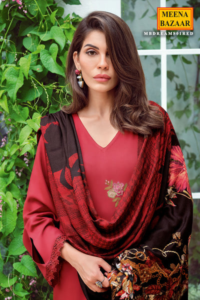 Maroon Silk Resham Floral Threadwork Embroidered Suit Set