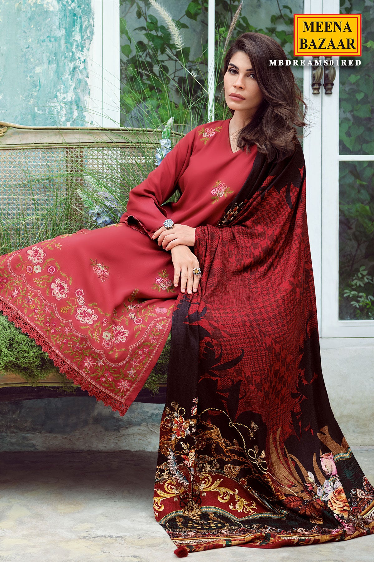 Maroon Silk Resham Floral Threadwork Embroidered Suit Set