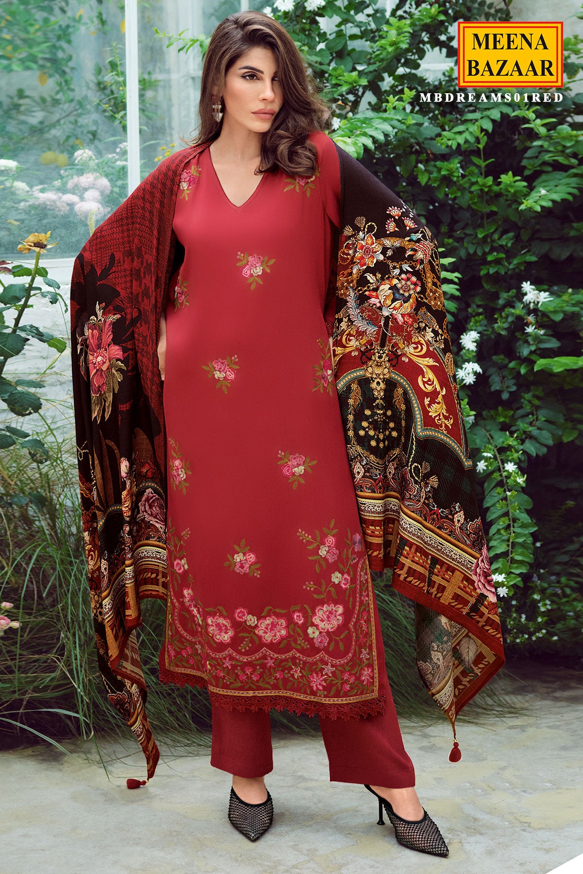 Maroon Silk Resham Floral Threadwork Embroidered Suit Set