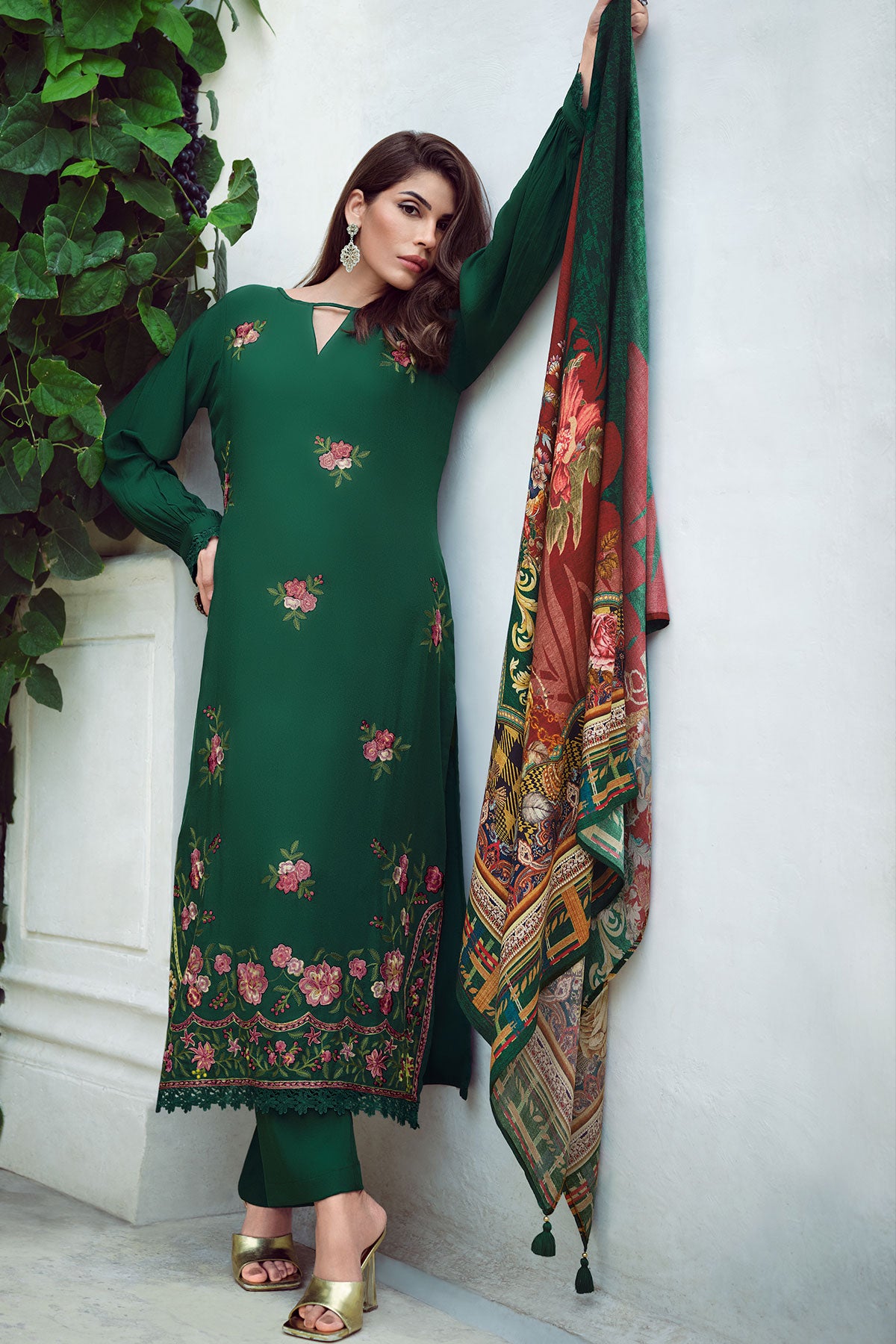 Bottle Green Silk Resham Floral Threadwork Embroidered Suit Set