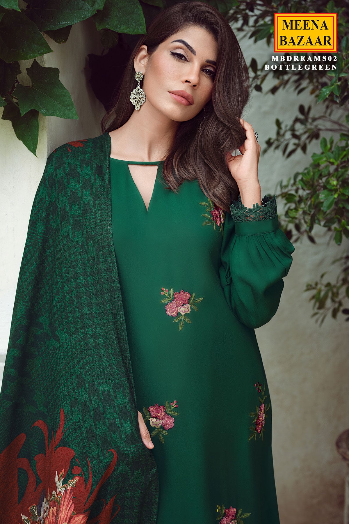 Bottle Green Silk Resham Floral Threadwork Embroidered Suit Set