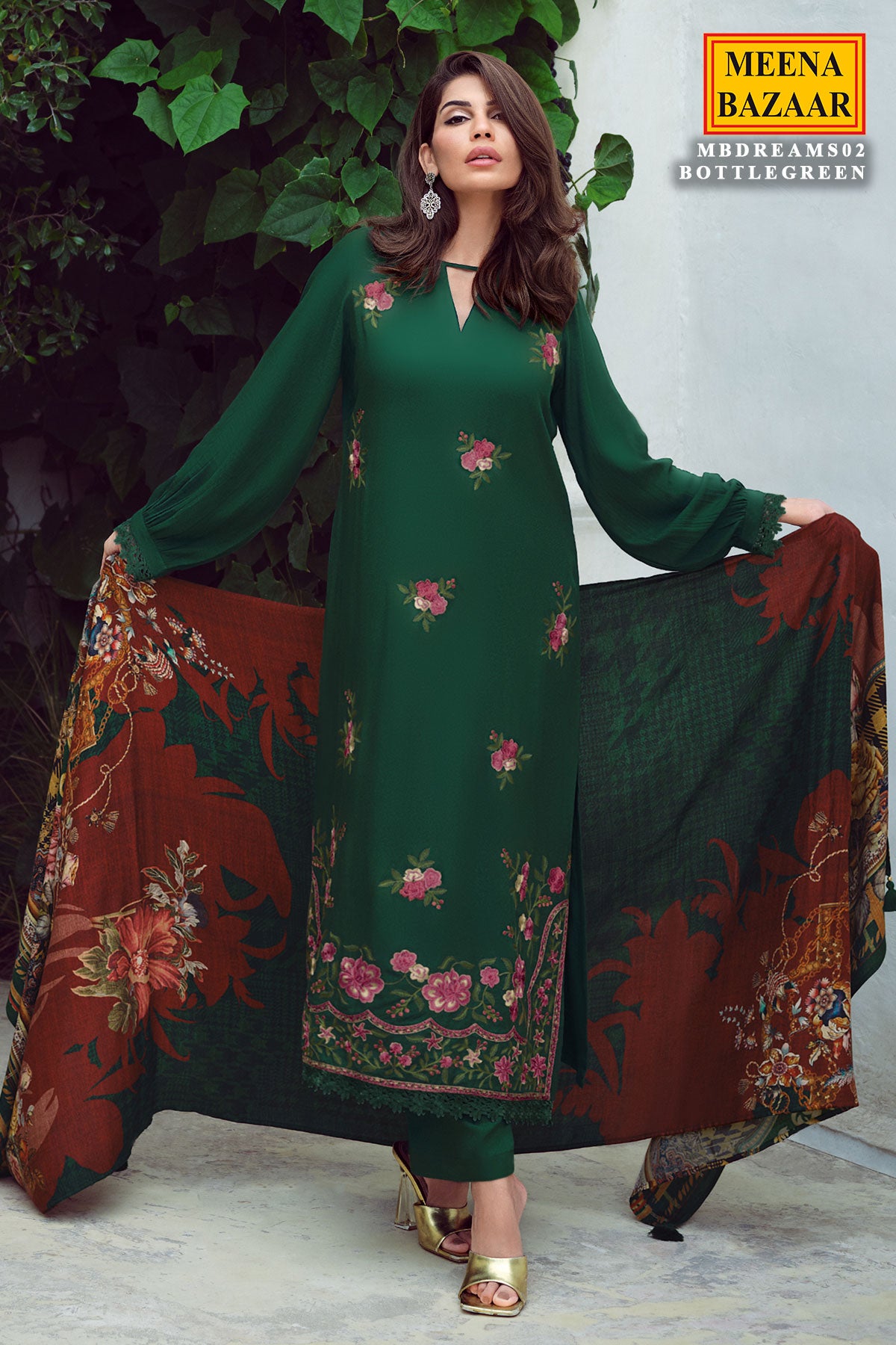 Bottle Green Silk Resham Floral Threadwork Embroidered Suit Set