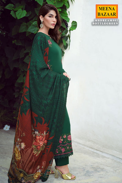 Bottle Green Silk Resham Floral Threadwork Embroidered Suit Set