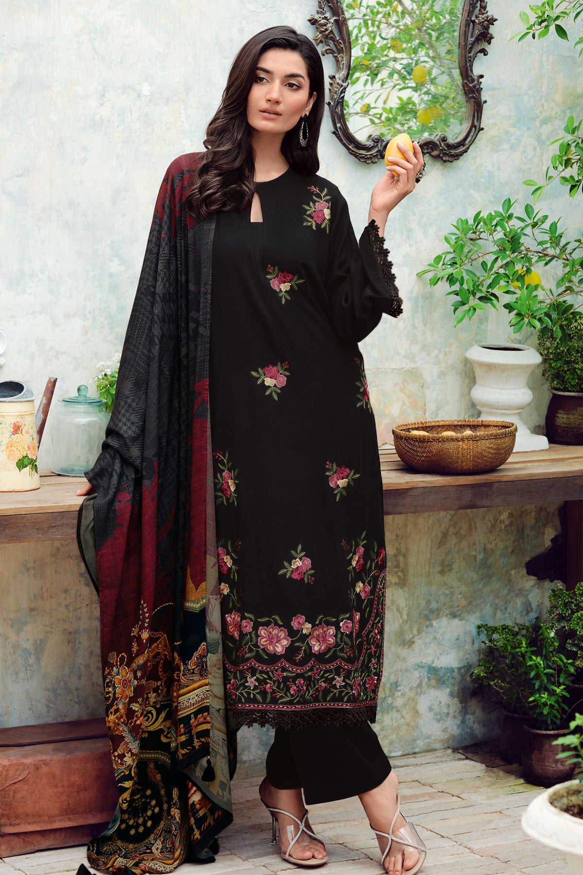 Black Silk Resham Floral Threadwork Embroidered Suit Set