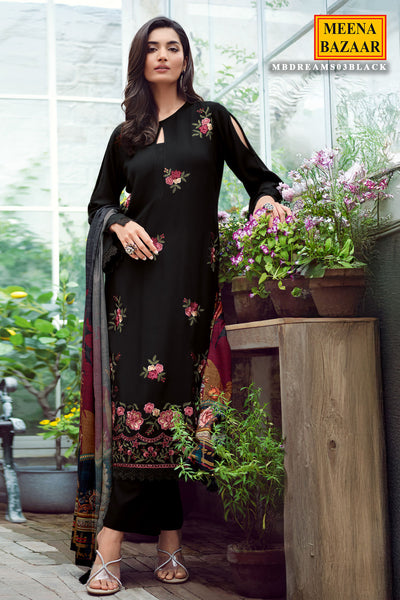 Black Silk Resham Floral Threadwork Embroidered Suit Set