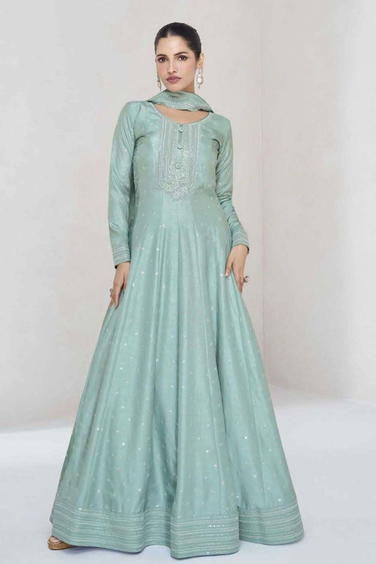 Sea Green Silk Sequin Embroidered Anarkali Gown