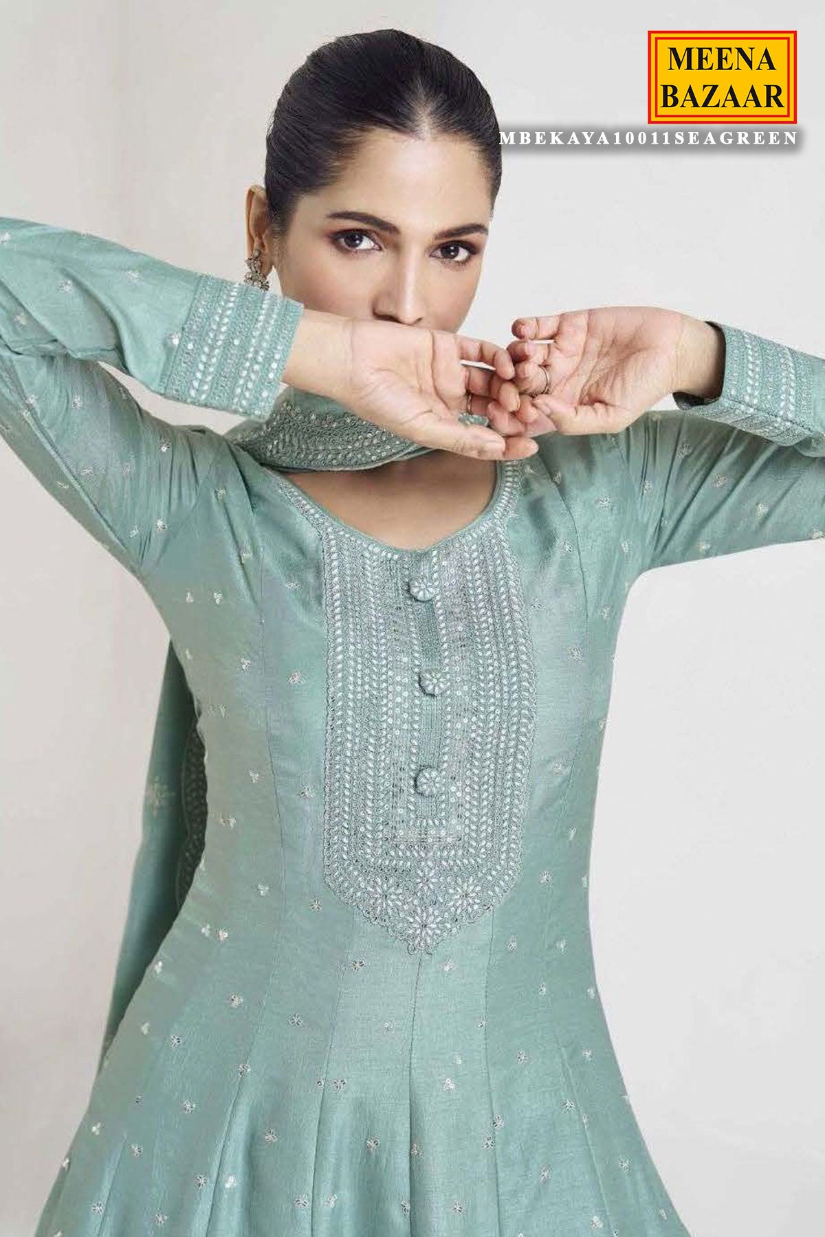 Sea Green Silk Sequin Embroidered Anarkali Gown