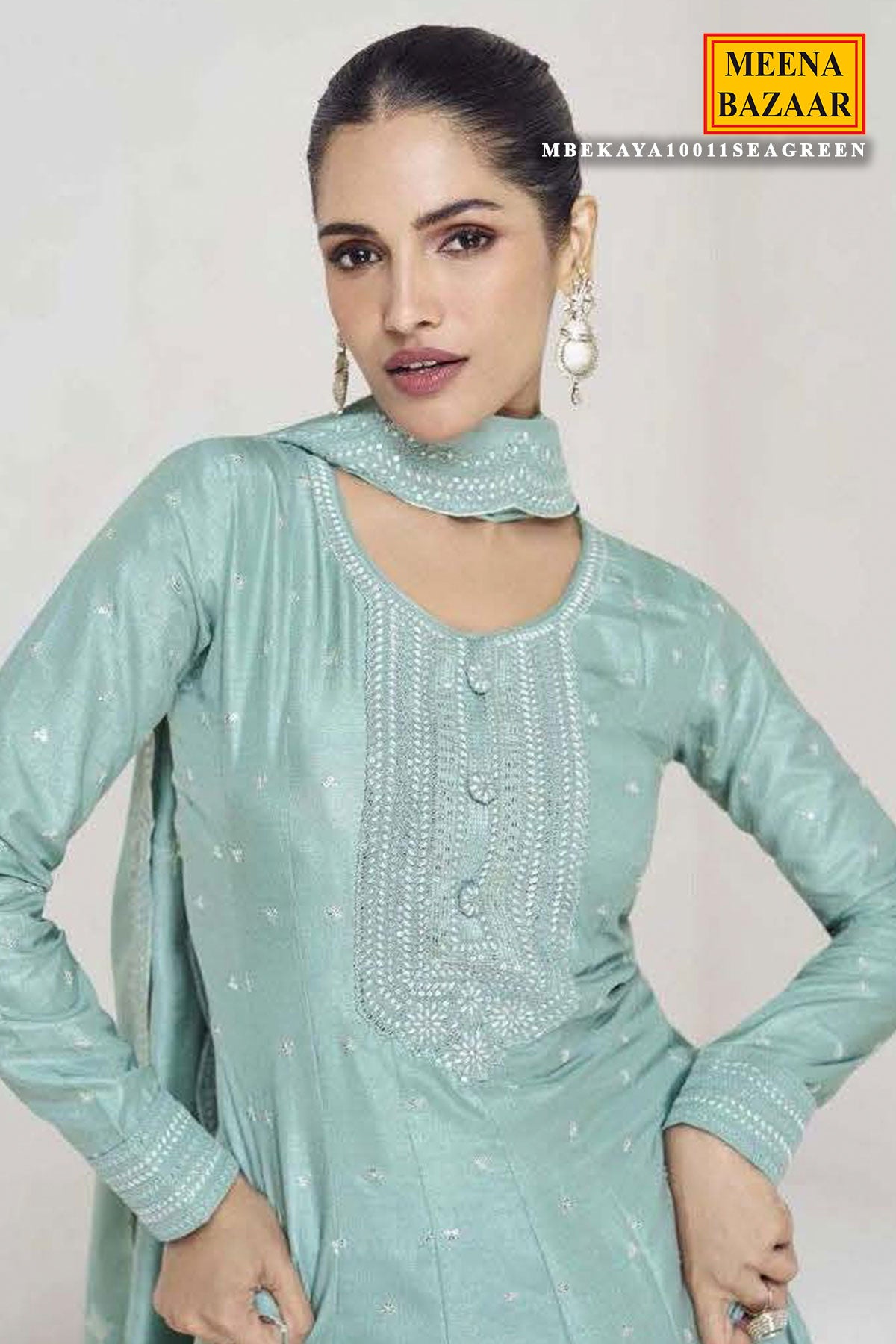 Sea Green Silk Sequin Embroidered Anarkali Gown